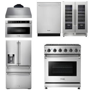 THOR Package - 30" Propane Gas Range, Range Hood, Microwave, Refrigerator with Water & Ice Dispenser, Dishwasher, Wine Cooler