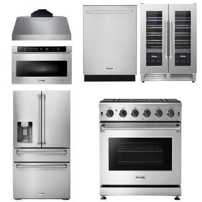 THOR Package - 30" Propane Gas Range, Range Hood, Microwave, Refrigerator with Water & Ice Dispenser, Dishwasher, Wine Cooler