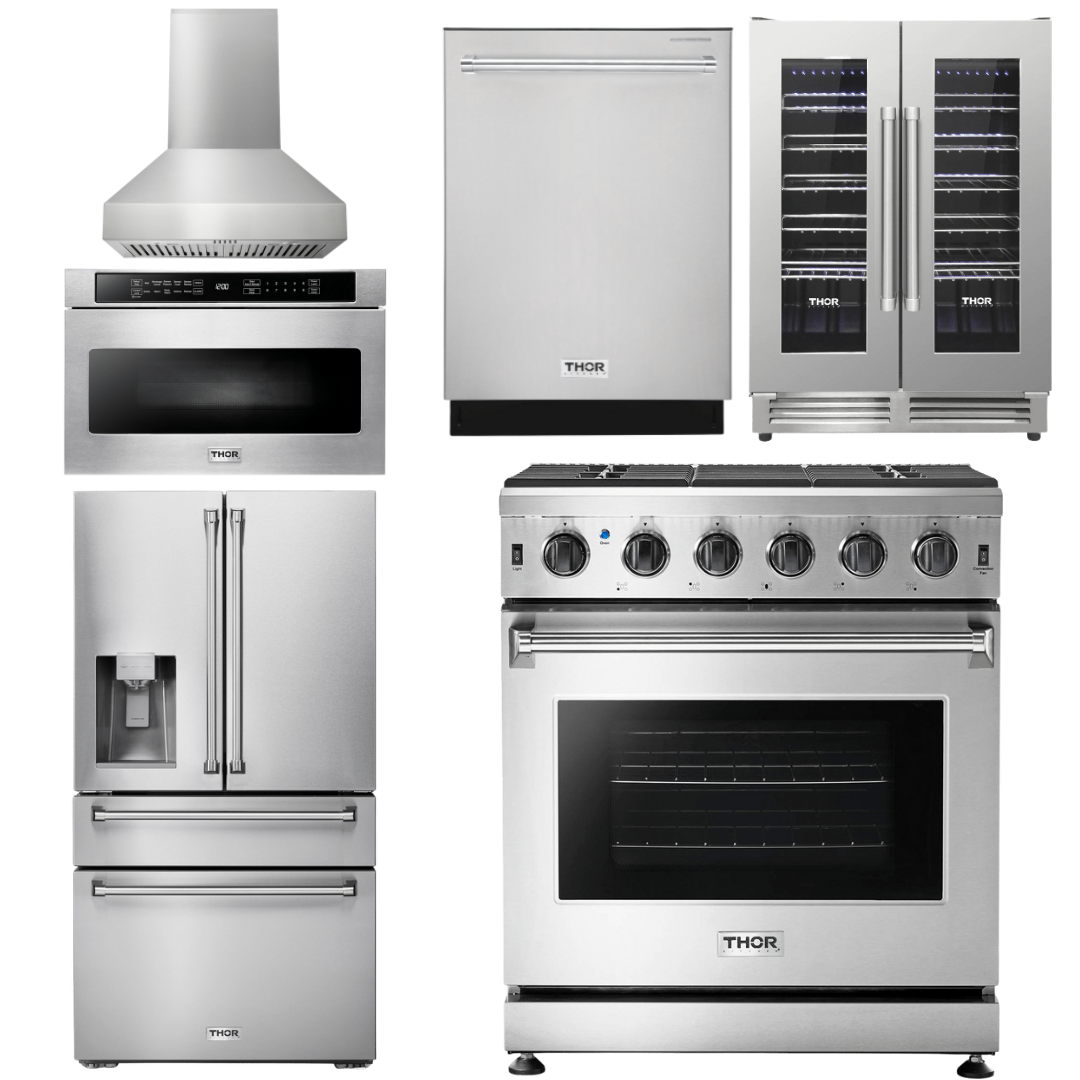 THOR Kitchen Package - 30" Gas Range, Range Hood, Microwave, Refrigerator with Water and Ice Dispenser, Dishwasher, Wine Cooler, AP-LRG3001U-W-10