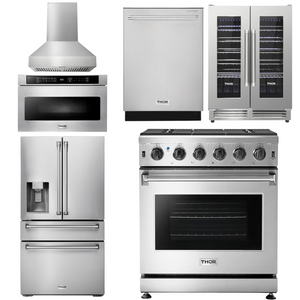 THOR Kitchen Package - 30" Gas Range, Range Hood, Microwave, Refrigerator with Water and Ice Dispenser, Dishwasher, Wine Cooler, AP-LRG3001U-W-10