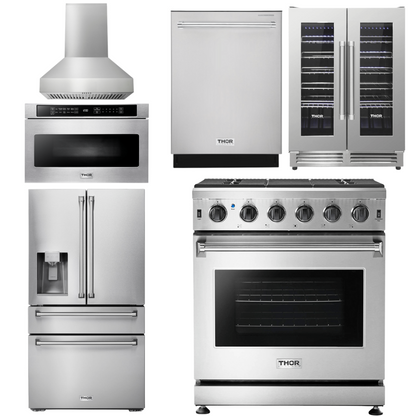THOR Kitchen Package - 30" Gas Range, Range Hood, Microwave, Refrigerator with Water and Ice Dispenser, Dishwasher, Wine Cooler, AP-LRG3001U-W-10