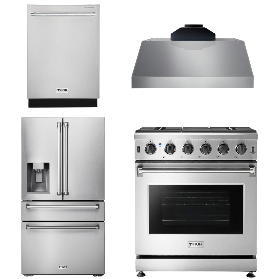 THOR Kitchen Package - 30" Gas Range, Range Hood, Refrigerator with Water and Ice Dispenser, Dishwasher, AP-LRG3001U-C-7