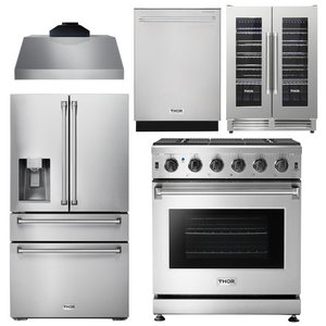 THOR Kitchen Package - 30" Gas Range, Range Hood, Refrigerator with Water and Ice Dispenser, Dishwasher, Wine Cooler, AP-LRG3001U-C-8