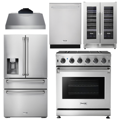 THOR Kitchen Package - 30" Gas Range, Range Hood, Refrigerator with Water and Ice Dispenser, Dishwasher, Wine Cooler, AP-LRG3001U-C-8