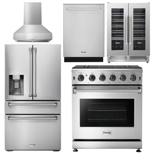 THOR Kitchen Package - 30" Gas Range, Range Hood, Refrigerator with Water and Ice Dispenser, Dishwasher, Wine Cooler, AP-LRG3001U-W-8