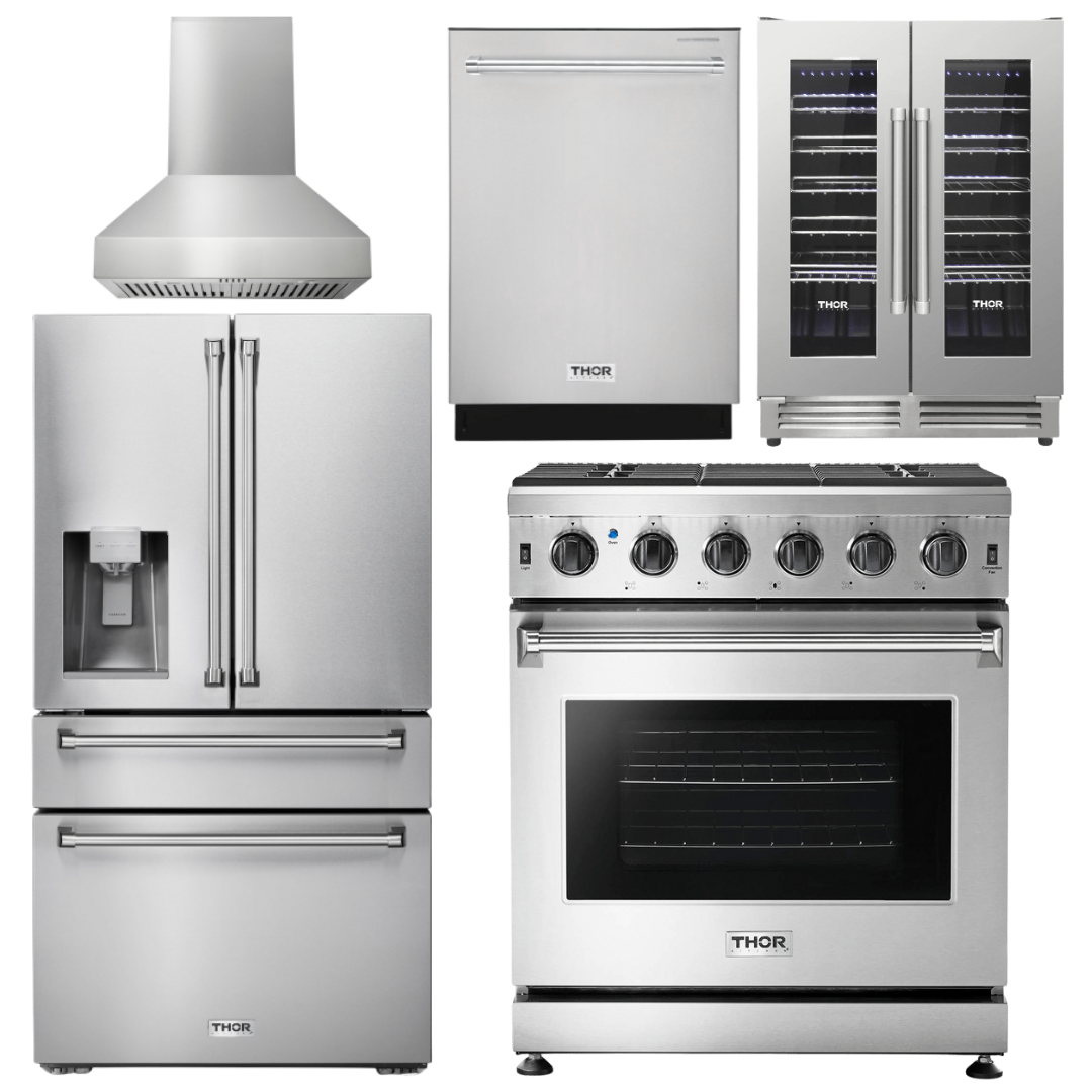THOR Kitchen Package - 30" Propane Gas Range, Range Hood, Refrigerator with Water and Ice Dispenser, Dishwasher, Wine Cooler