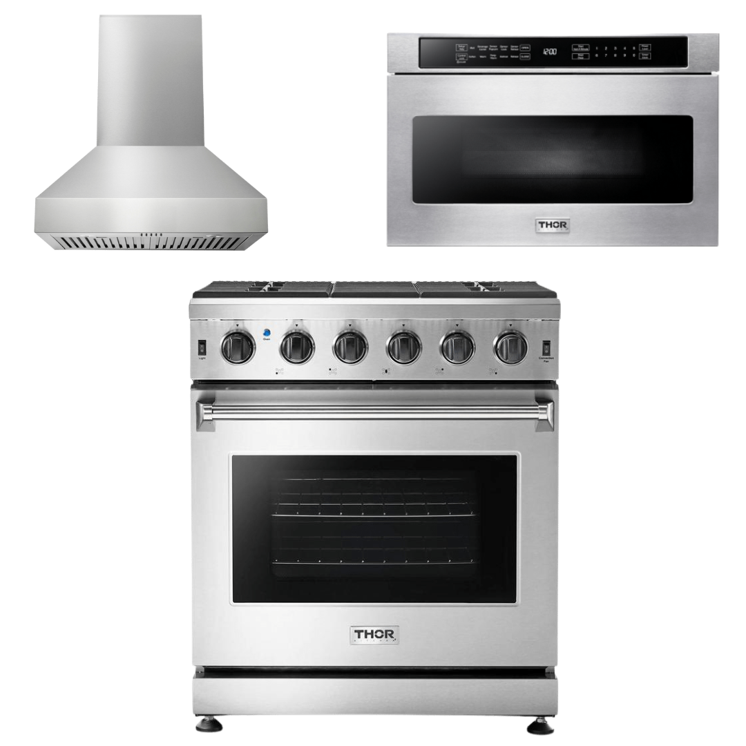 THOR Kitchen Package - 30" Gas Range, Range Hood, Microwave, AP-LRG3001U-W-4