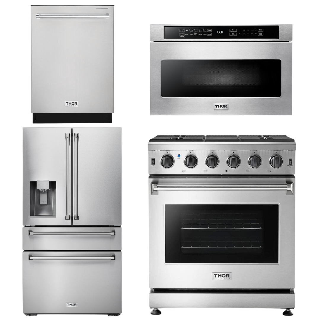 THOR Kitchen Package - 30" Propane Gas Range, Microwave, Refrigerator with Water and Ice Dispenser, Dishwasher, AP-LRG3001ULP-12