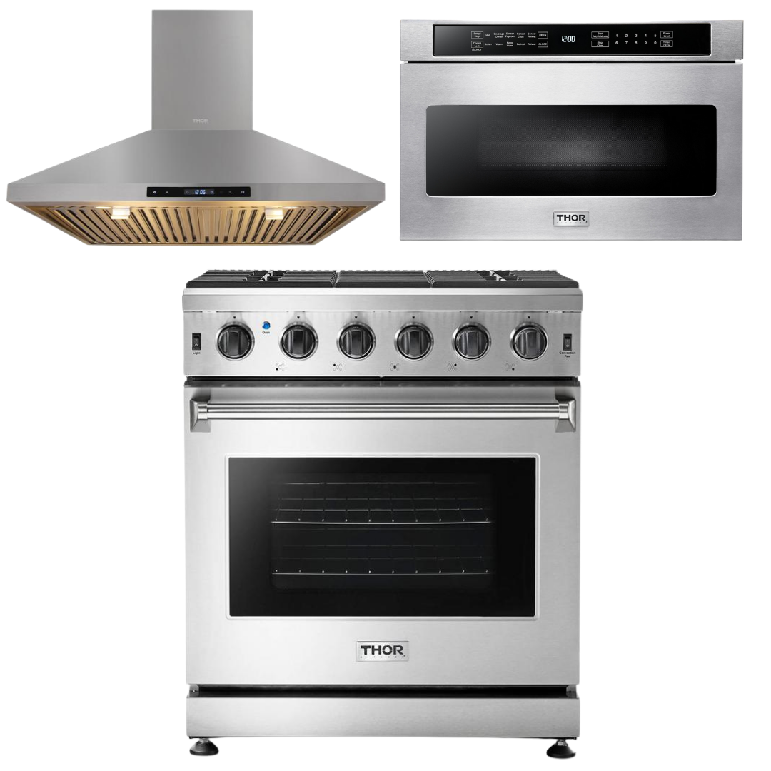 THOR Kitchen Package - 30" Gas Range, Range Hood, Microwave, AP-LRG3001U-5