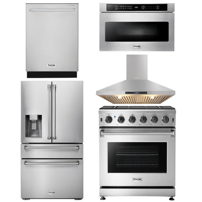 THOR Kitchen Package - 30" Gas Range, Range Hood, Microwave, Refrigerator with Water and Ice Dispenser, Dishwasher, AP-LRG3001U-13