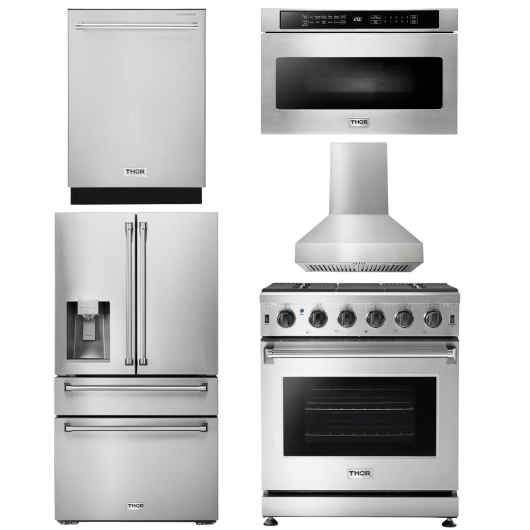 THOR Kitchen Package - 30" Propane Gas Range, Range Hood, Microwave, Refrigerator with Water and Ice Dispenser, Dishwasher
