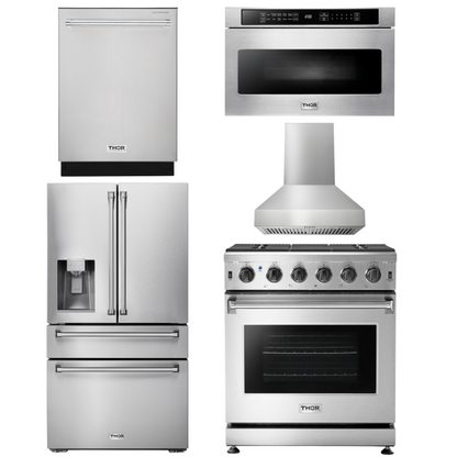 THOR Kitchen Package - 30" Propane Gas Range, Range Hood, Microwave, Refrigerator with Water and Ice Dispenser, Dishwasher