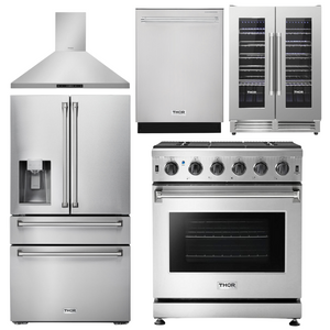 THOR Kitchen Package - 30" Gas Range, Range Hood, Refrigerator with Water and Ice Dispenser, Dishwasher, Wine Cooler, AP-LRG3001U-11