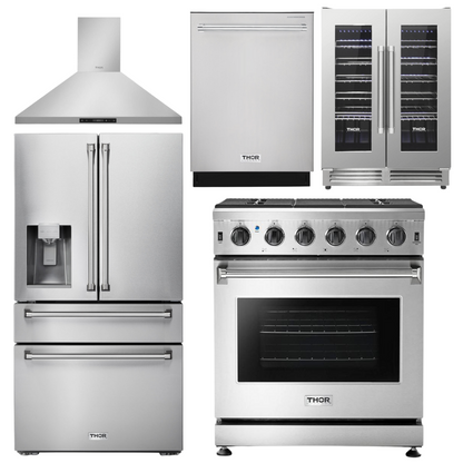 THOR Kitchen Package - 30" Gas Range, Range Hood, Refrigerator with Water and Ice Dispenser, Dishwasher, Wine Cooler, AP-LRG3001U-11