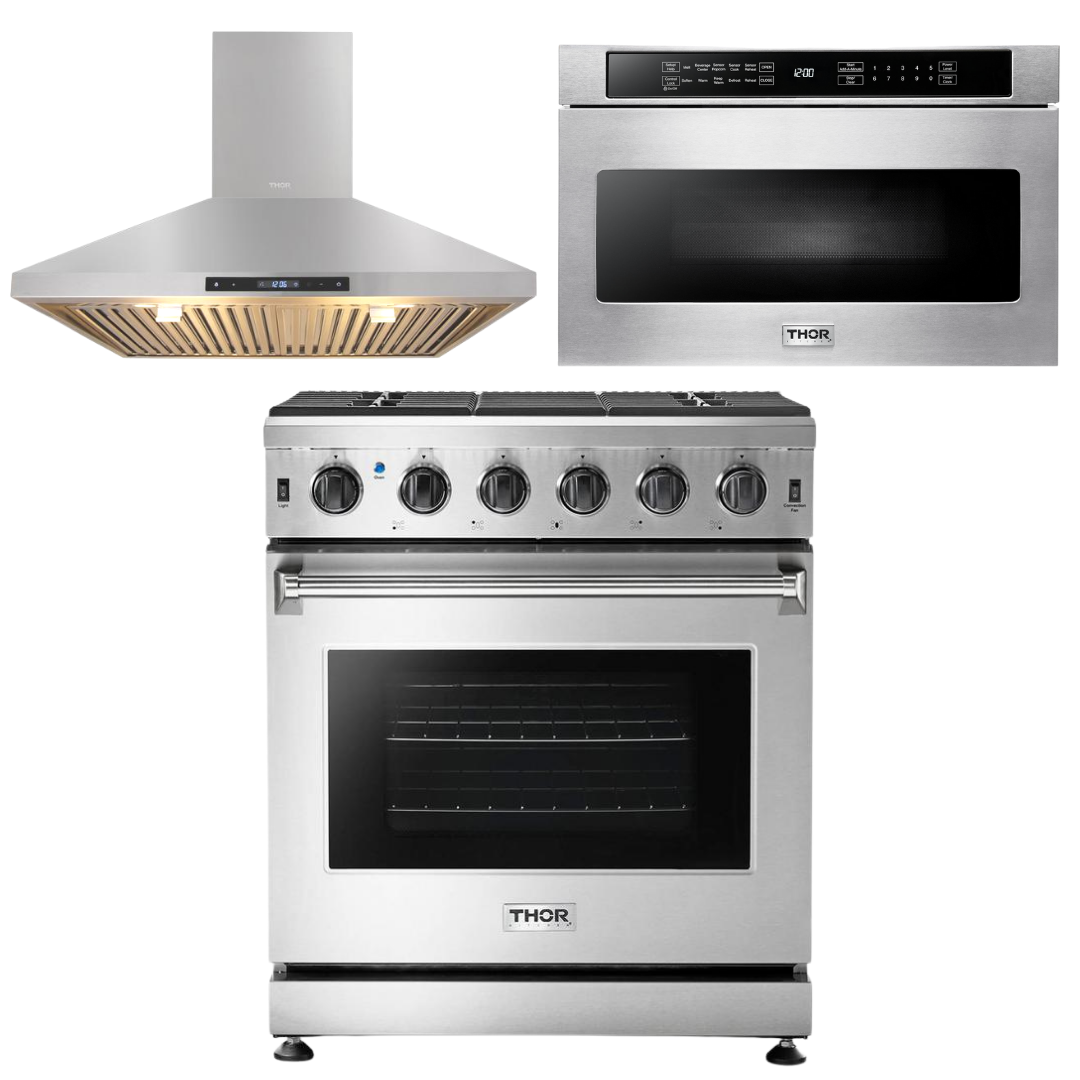 THOR Kitchen Package - 30" Propane Gas Range, Range Hood, Microwave, AP-LRG3001ULP-5