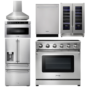 THOR Kitchen Package - 36" Electric Range, Range Hood, Microwave, Refrigerator with Water and Ice Dispenser, Dishwasher, Wine Cooler