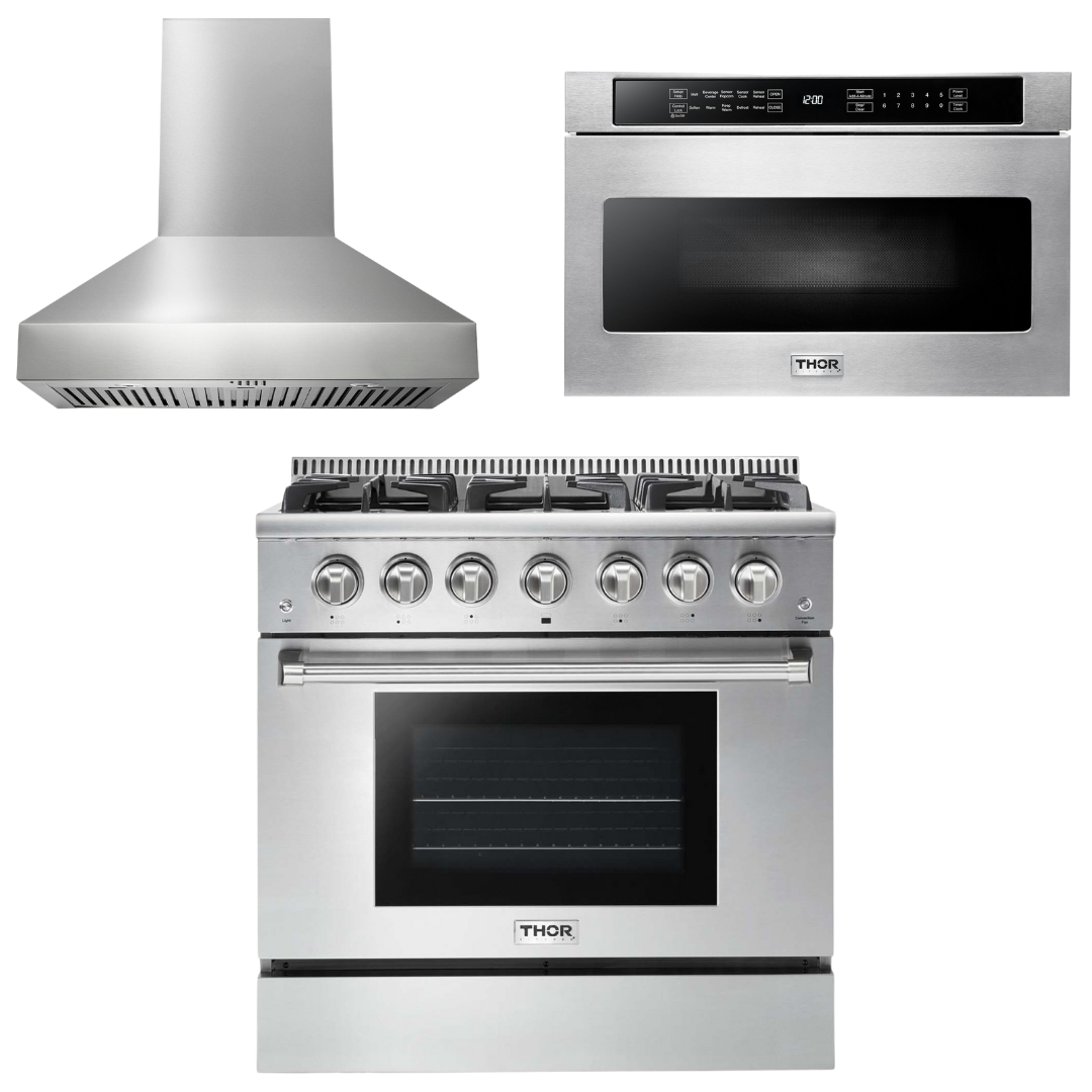 THOR Kitchen Package - 36" Gas Range, Range Hood, Microwave, AP-HRG3618U-W-4