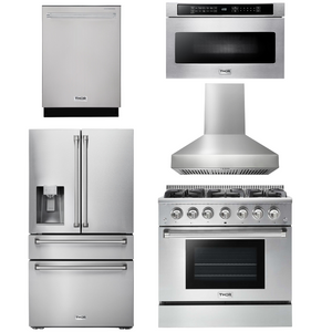 THOR Kitchen Package - 36" Gas Range, Hood, Microwave, Refrigerator with Water and Ice Dispenser, Dishwasher