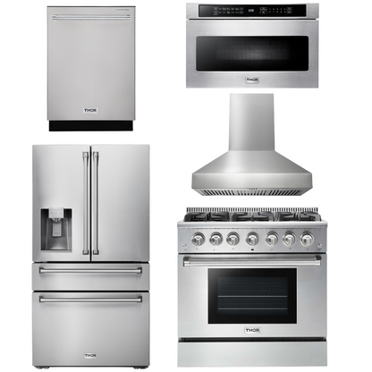 THOR Kitchen Package - 36" Gas Range, Hood, Microwave, Refrigerator with Water and Ice Dispenser, Dishwasher