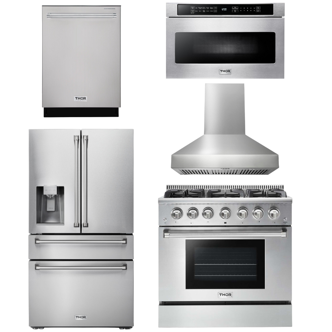 THOR Kitchen Package - 36" Propane Gas Range, Range Hood, Microwave, Refrigerator with Water and Ice Dispenser, Dishwasher, AP-HRG3618ULP-W-9