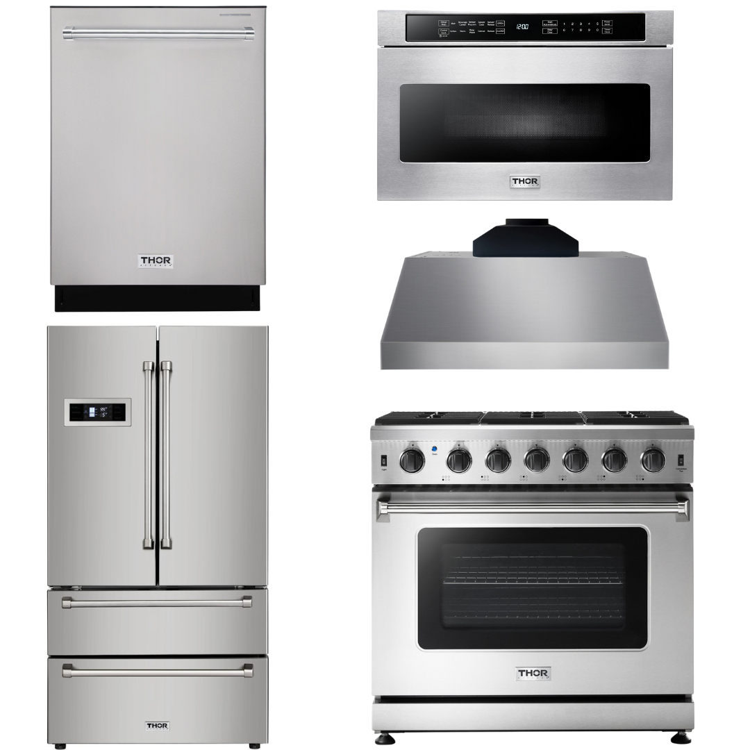 THOR Kitchen Package - 36" Propane Gas Range, Range Hood, Microwave, Refrigerator with Water and Ice Dispenser, Dishwasher, AP-LRG3601ULP-C-9