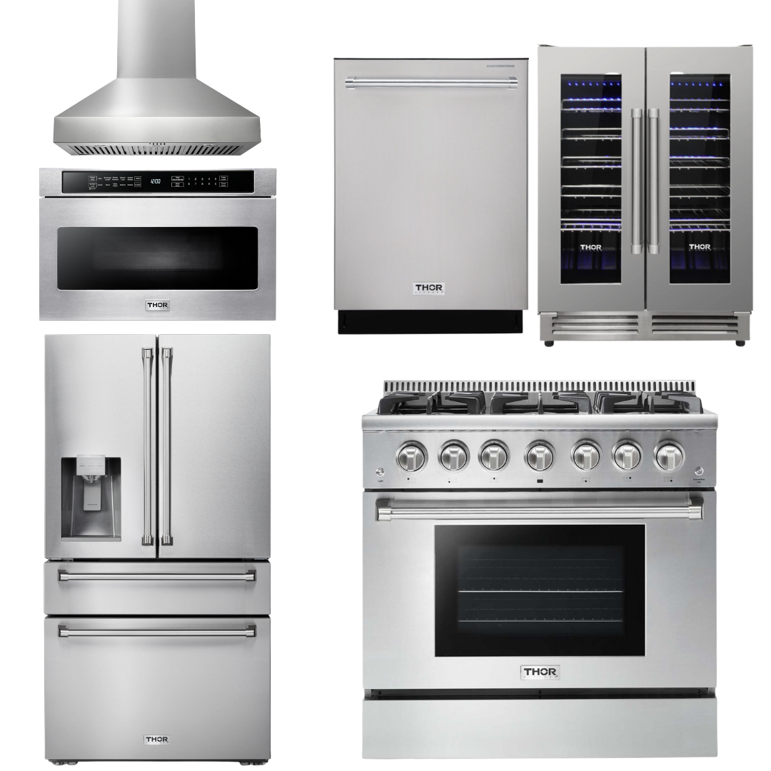 THOR Kitchen Package - 36" Gas Range, Range Hood, Microwave, Refrigerator with Water and Ice Dispenser, Dishwasher, Wine Cooler, AP-HRG3618U-W-10