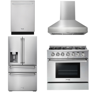 THOR Kitchen Package - 36" Gas Range, Range Hood, Refrigerator with Water and Ice Dispenser, Dishwasher, AP-HRG3618U-W-7