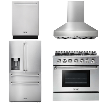 THOR Kitchen Package - 36" Gas Range, Range Hood, Refrigerator with Water and Ice Dispenser, Dishwasher, AP-HRG3618U-W-7