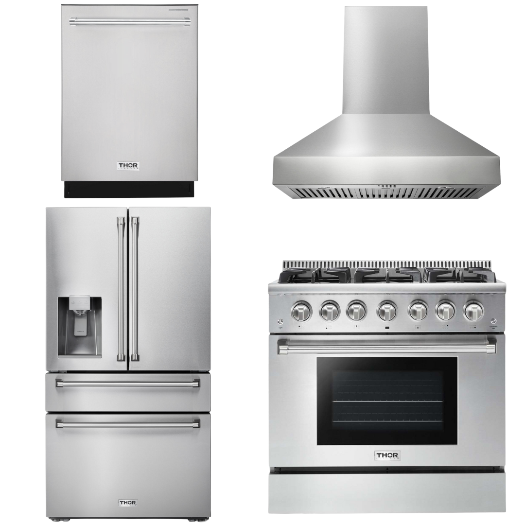 THOR Kitchen Package - 36" Propane Gas Range, Range Hood, Refrigerator with Water and Ice Dispenser, Dishwasher, AP-HRG3618ULP-W-7