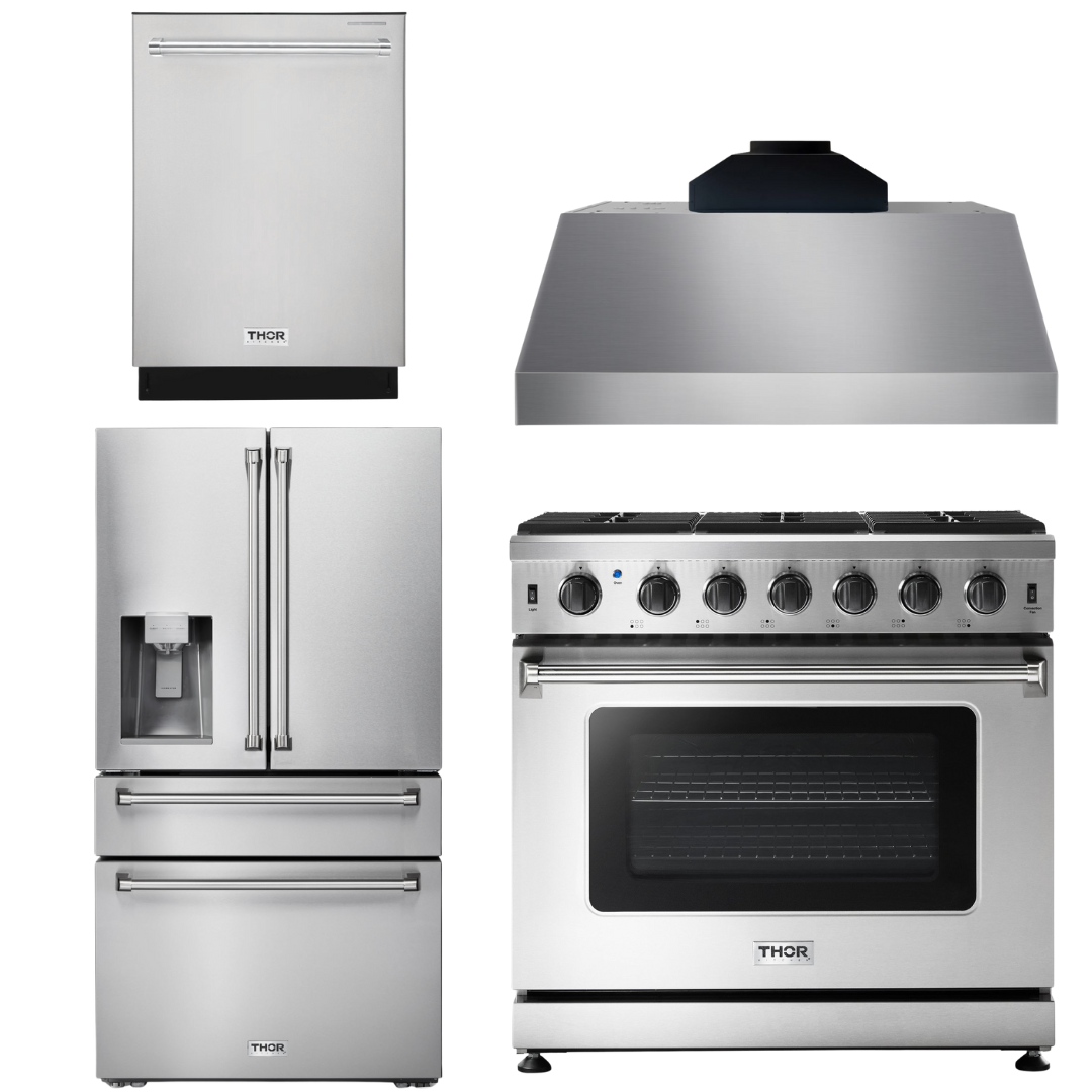 THOR Kitchen Package - 36" Gas Range, Range Hood, Refrigerator with Water and Ice Dispenser, Dishwasher, AP-LRG3601U-C-7