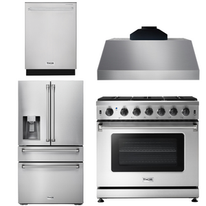 THOR Kitchen Package - 36" Gas Range, Range Hood, Refrigerator with Water and Ice Dispenser, Dishwasher, AP-LRG3601U-C-7