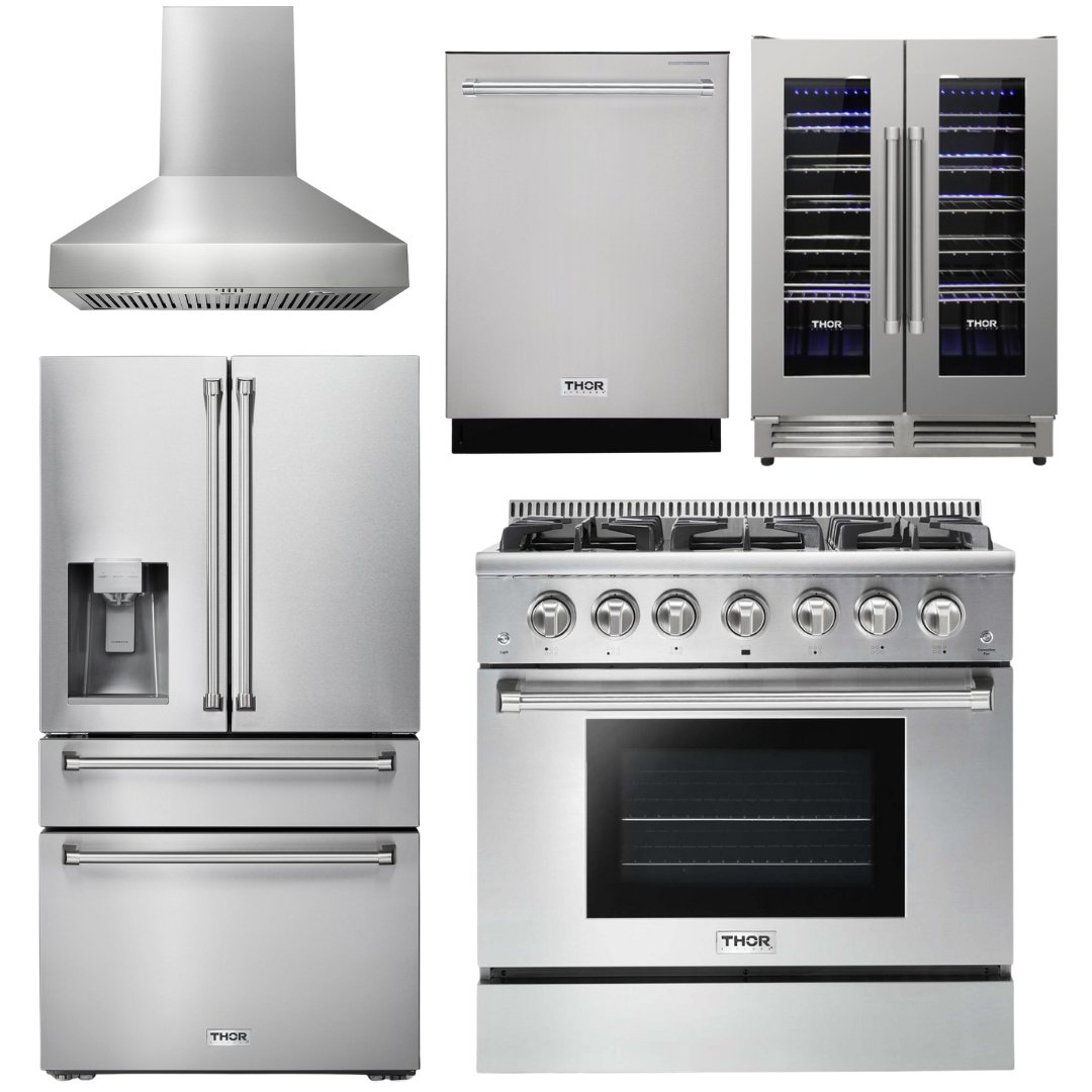 THOR Kitchen Package - 36" Propane Gas Range, Range Hood, Refrigerator with Water and Ice Dispenser, Dishwasher, Wine Cooler, AP-HRG3618ULP-W-8