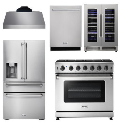 THOR Kitchen Package - 36" Gas Range, Range Hood, Refrigerator with Water and Ice Dispenser, Dishwasher, Wine Cooler, AP-LRG3601U-C-8