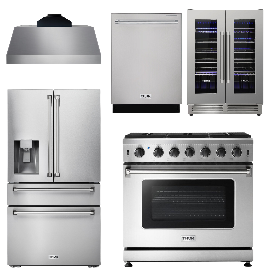 THOR Kitchen Package - 36" Propane Gas Range, Range Hood, Refrigerator with Water and Ice Dispenser, Dishwasher, Wine Cooler, AP-LRG3601ULP-C-8
