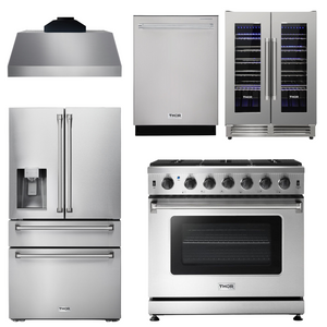 THOR Kitchen Package - 36" Propane Gas Range, Range Hood, Refrigerator with Water and Ice Dispenser, Dishwasher, Wine Cooler, AP-LRG3601ULP-C-8
