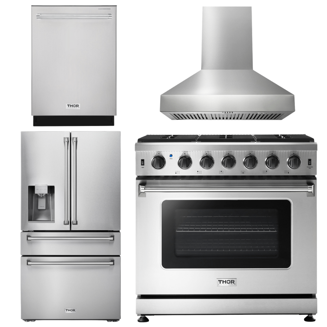 THOR Kitchen Package - 36 Inch Propane Gas Range, Range Hood, Refrigerator with Water and Ice Dispenser, Dishwasher, AP-LRG3601ULP-W-7
