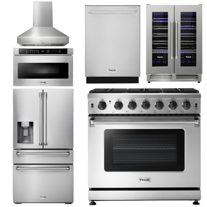 THOR Kitchen Package - 36 Inch Gas Range, Range Hood, Microwave, Refrigerator with Fridge and Ice Maker, Dishwasher, Wine Cooler, AP-LRG3601U-W-10