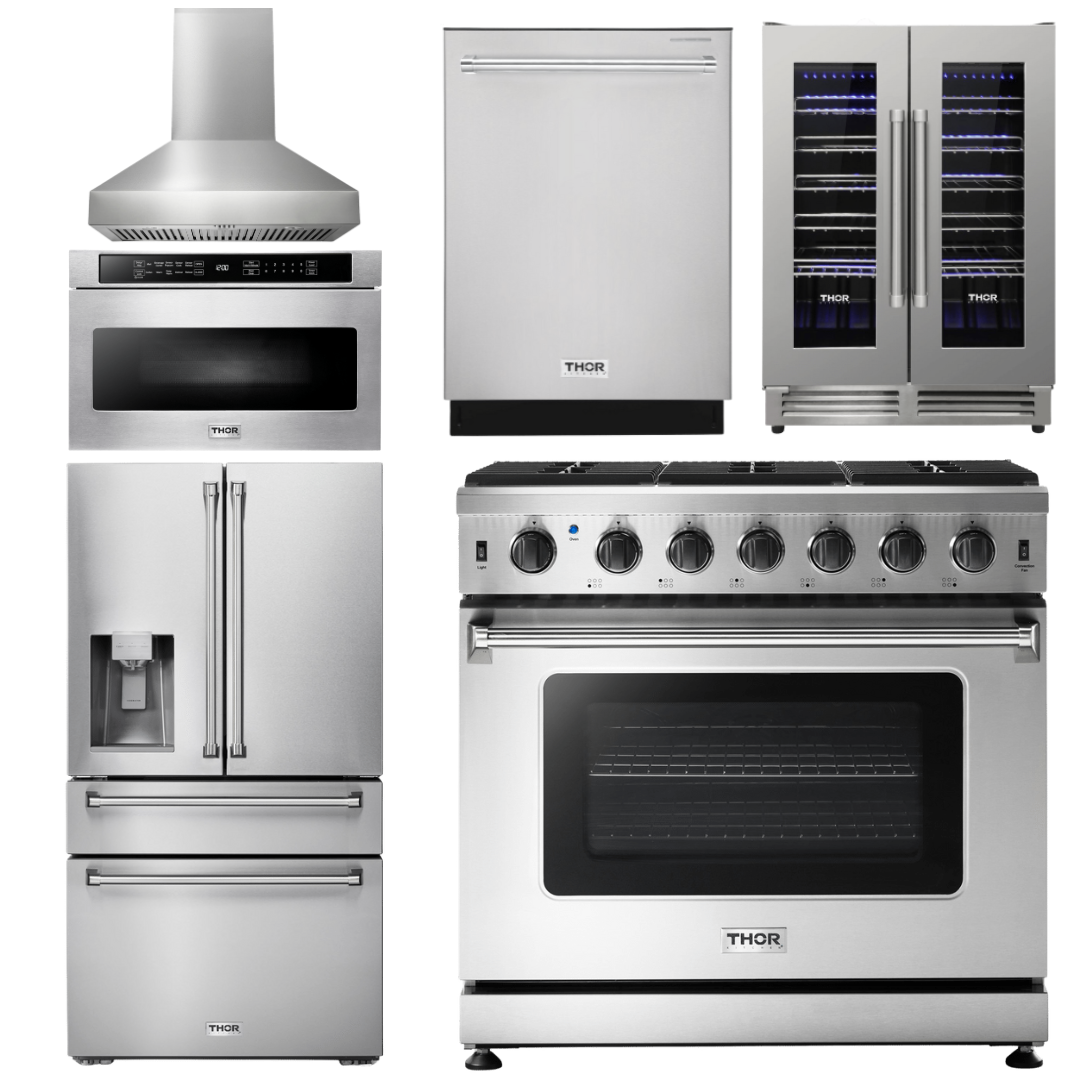 THOR Package - 36" Propane Gas Range, Range Hood, Microwave, Refrigerator with Fridge and Ice Maker, Dishwasher, Wine Cooler