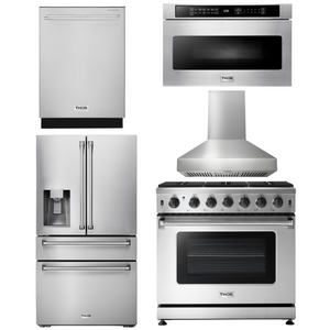 THOR Kitchen Package - 36 Inch Gas Range, Range Hood, Microwave, Refrigerator with Water and Ice Dispenser, Dishwasher, AP-LRG3601U-W-9
