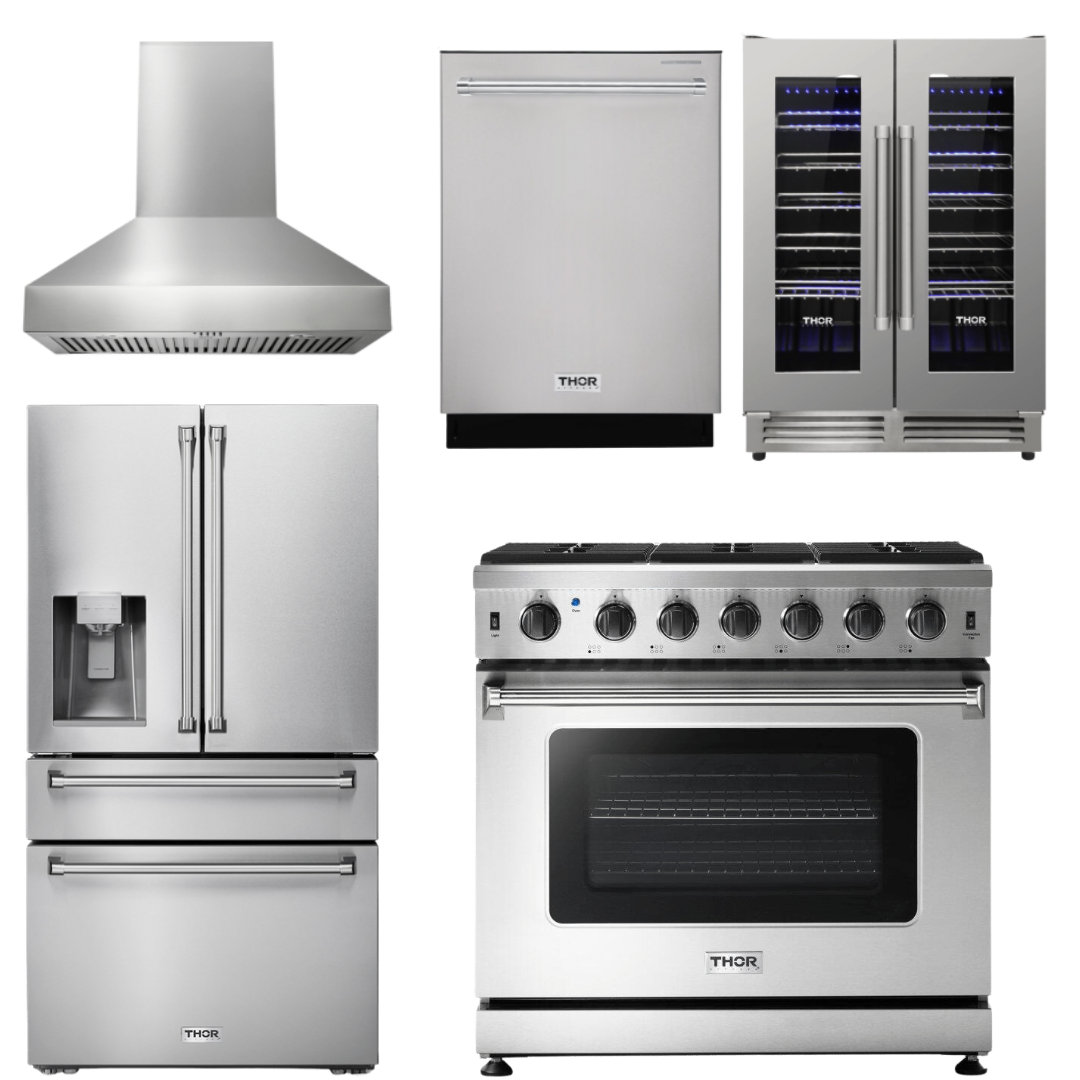 THOR Kitchen Package - 36 Inch Gas Range, Range Hood, Refrigerator with Water and Ice Dispenser, Dishwasher, Wine Cooler, AP-LRG3601U-W-8