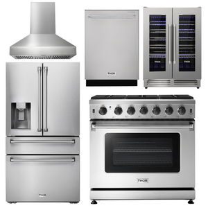 THOR Kitchen Package - 36 Inch Propane Gas Range, Range Hood, Refrigerator with Water and Ice Dispenser, Dishwasher, Wine Cooler, AP-LRG3601ULP-W-8
