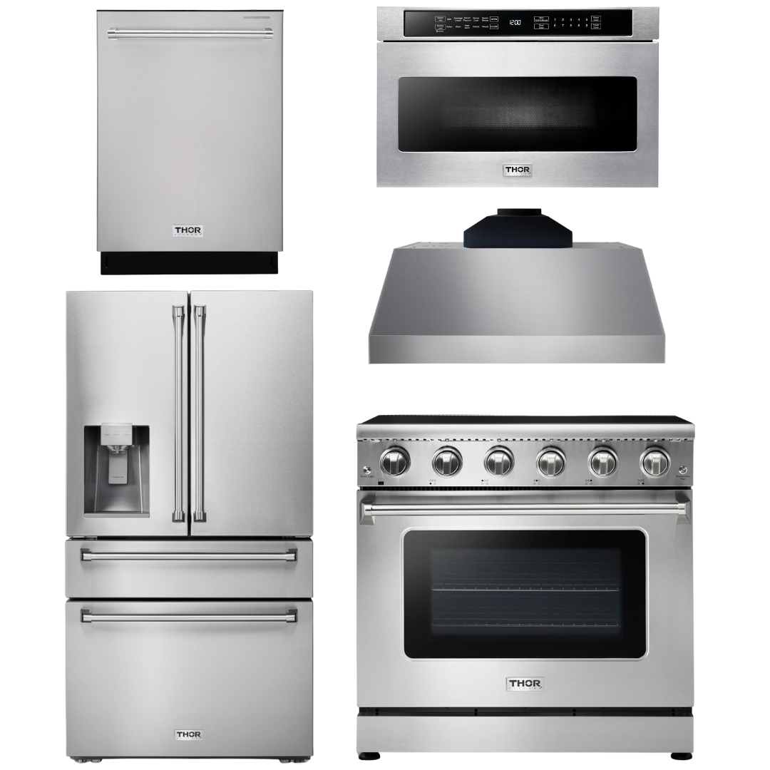 THOR Kitchen Package - 36" Electric Range, Range Hood, Microwave, Refrigerator with Water and Ice Dispenser, Dishwasher, AP-HRE3601-C-9
