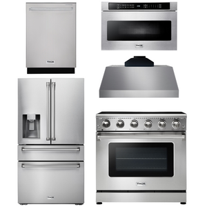 THOR Kitchen Package - 36" Electric Range, Range Hood, Microwave, Refrigerator with Water and Ice Dispenser, Dishwasher, AP-HRE3601-C-9