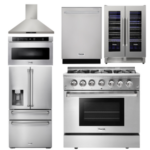 THOR Kitchen Package - 36" Dual Fuel Range, Range Hood, Microwave, Refrigerator with Water and Ice Dispenser, Dishwasher, Wine Cooler, AP-HRD3606U-14