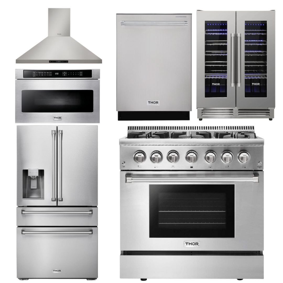 THOR Package - 36" Propane Dual Fuel Range, Range Hood, Microwave, Refrigerator with Water & Ice Dispenser, Dishwasher, Wine Cooler
