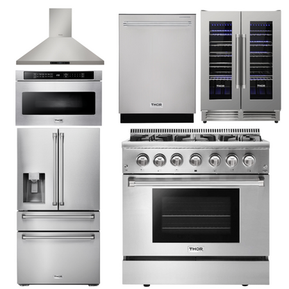 THOR Package - 36" Propane Dual Fuel Range, Range Hood, Microwave, Refrigerator with Water & Ice Dispenser, Dishwasher, Wine Cooler