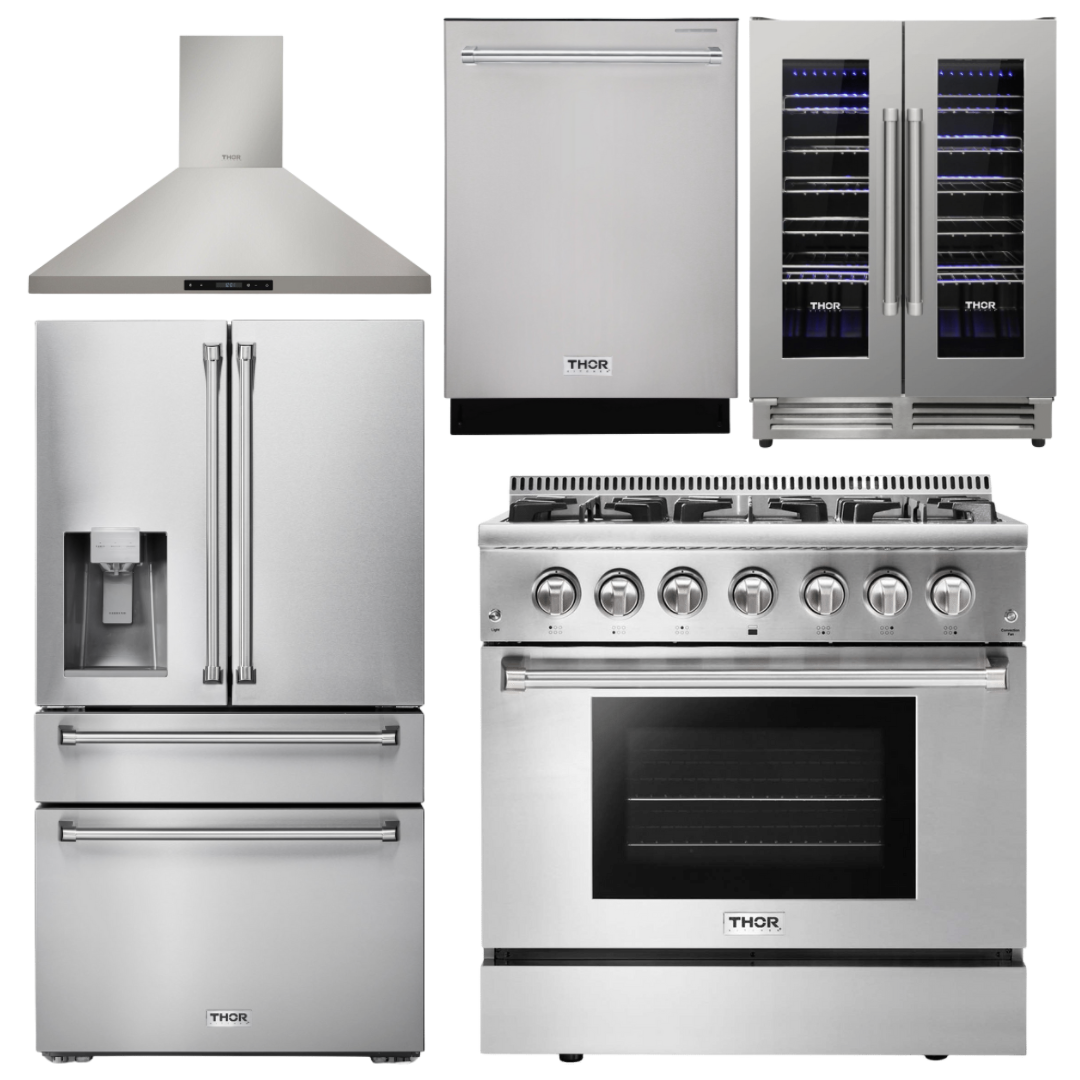 THOR Kitchen Package - 36" Dual Fuel Range, Range Hood, Refrigerator with Water and Ice Dispenser, Dishwasher, Wine Cooler, AP-HRD3606U-11
