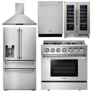 THOR Kitchen Package - 36" Dual Fuel Range, Range Hood, Refrigerator with Water and Ice Dispenser, Dishwasher, Wine Cooler, AP-HRD3606U-11
