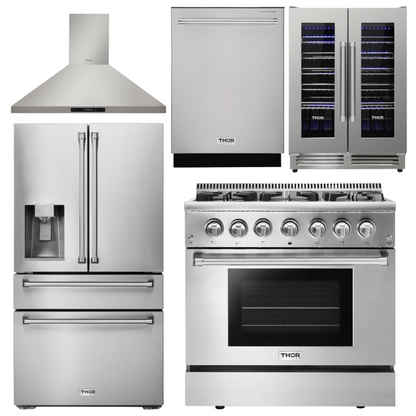 THOR Kitchen Package - 36" Dual Fuel Range, Range Hood, Refrigerator with Water and Ice Dispenser, Dishwasher, Wine Cooler, AP-HRD3606U-11