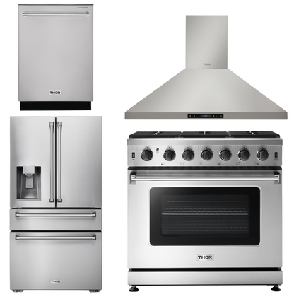 THOR Kitchen Package - 36" Gas Range, Range Hood, Refrigerator with Water and Ice Dispenser, Dishwasher, AP-LRG3601U-10